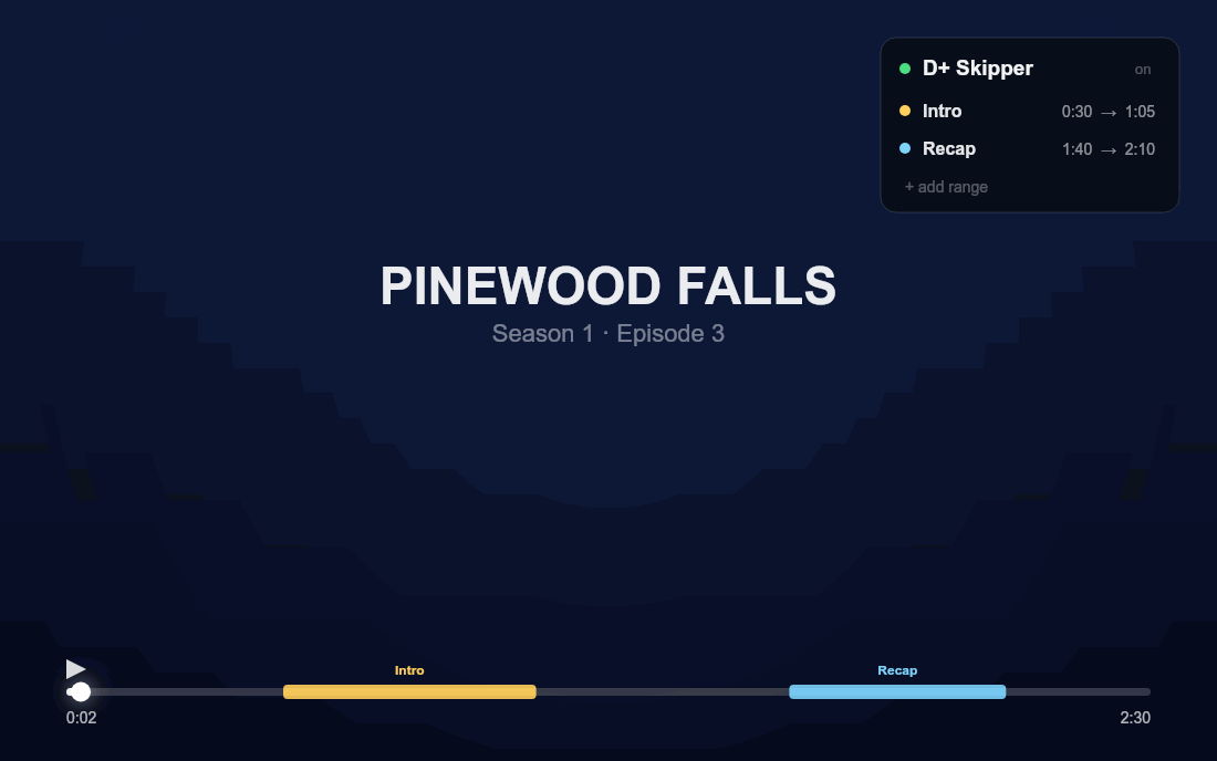 Demo: the playhead automatically skipping past a labeled Intro segment on a video player